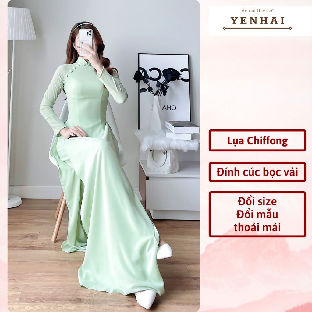 Áo dài thiết kế đính cúc bọc vải chất lụa cát Chiffong 2 lớp 4 tà sang trọng lịch sự - CF10-Cf12