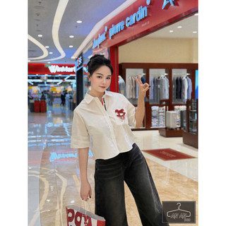Áo sơ mi thô cổ đức cộc tay đính charm ngựa bập bênh màu đỏ #3318