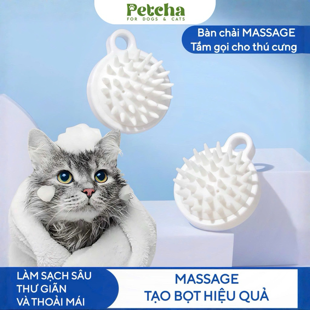 Bàn Chải Tắm Massage Thú Cưng Màu Trắng | PETCHA – Bàn Chải Tắm Chó Mèo Mềm Mịn, Gỡ Lông Rụng, Massage Da