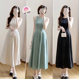 Váy cổ yếm dáng dài xòe chất chéo tiểu thư Hàn Quốc, Váy maxi dáng dài tiểu thư