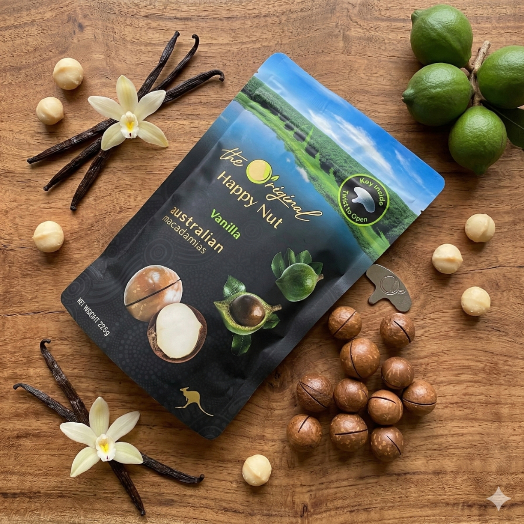Hạt Macca Úc Vị Vanilla Happy Nut (Túi 225g) - Giòn Tan,  Béo Ngậy, Kèm Chìa Khóa Tách Vỏ Chính Hãng
