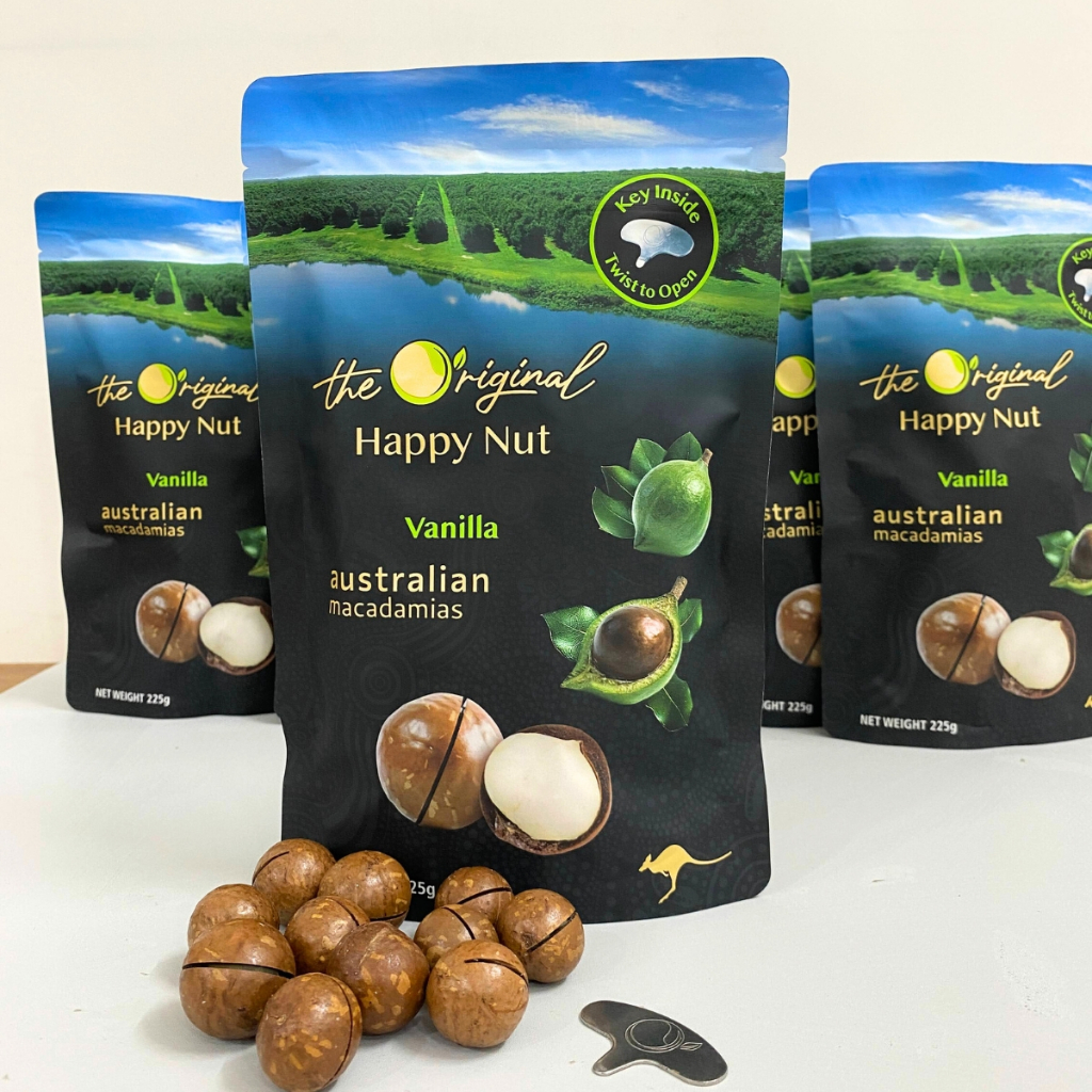 Hạt Macca Úc Vị Vanilla Happy Nut (Túi 225g) - Giòn Tan,  Béo Ngậy, Kèm Chìa Khóa Tách Vỏ Chính Hãng