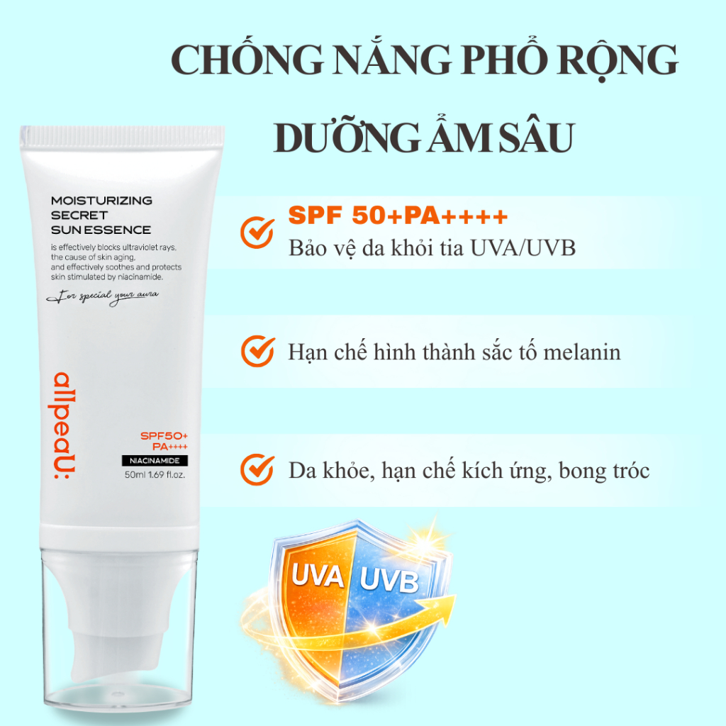 50ml Kem Chống Nắng Hàn Quốc |SPF50+ PA++++| Dưỡng Ẩm, Nâng Tone Tự Nhiên, Mịn Mượt|allpeaU: