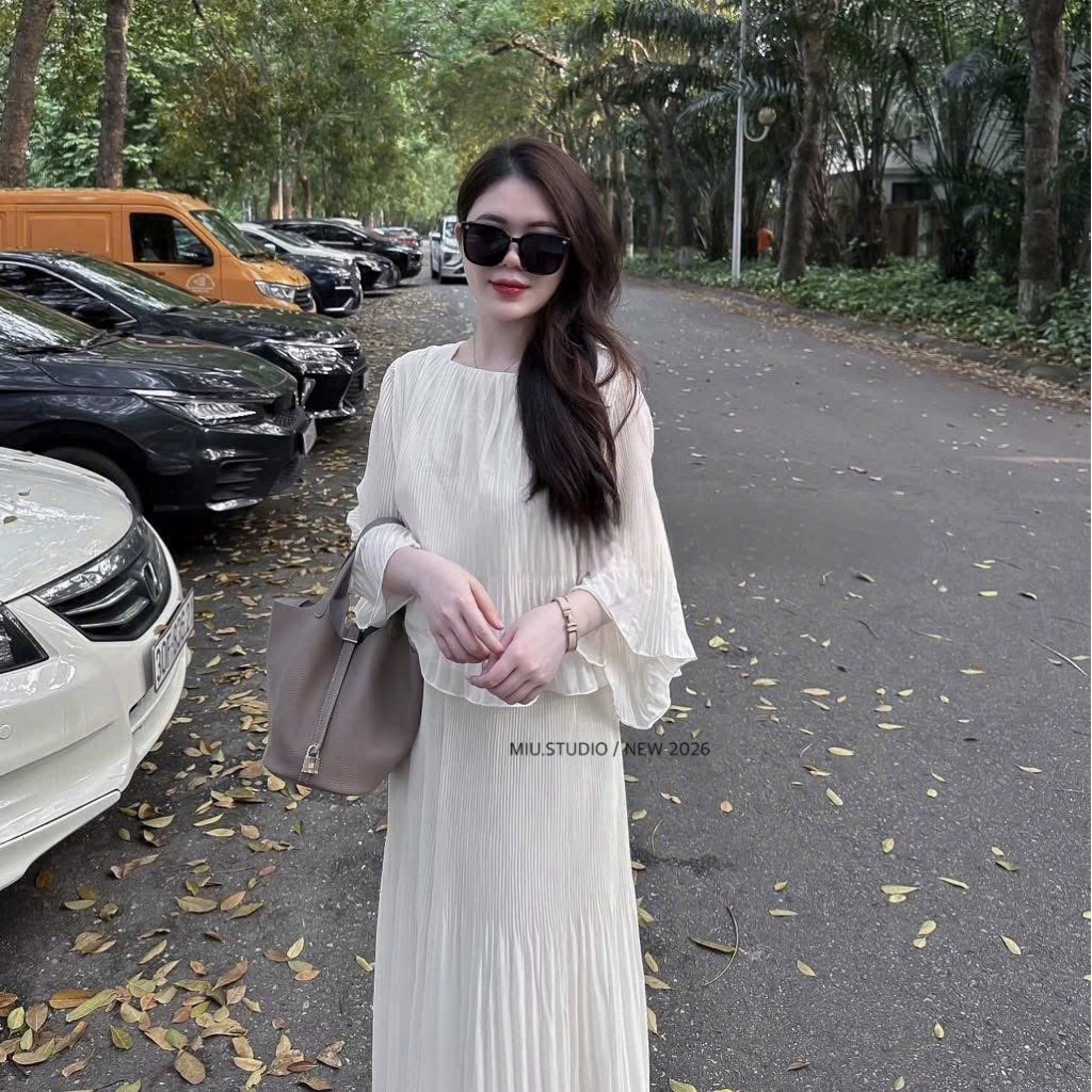 Set 2 món : Áo voan tiểu thư dài tay thiết kế dập ly phối bèo mix quần suông dáng dài nhẹ nhàng thanh lịch • MIU.STUDIO