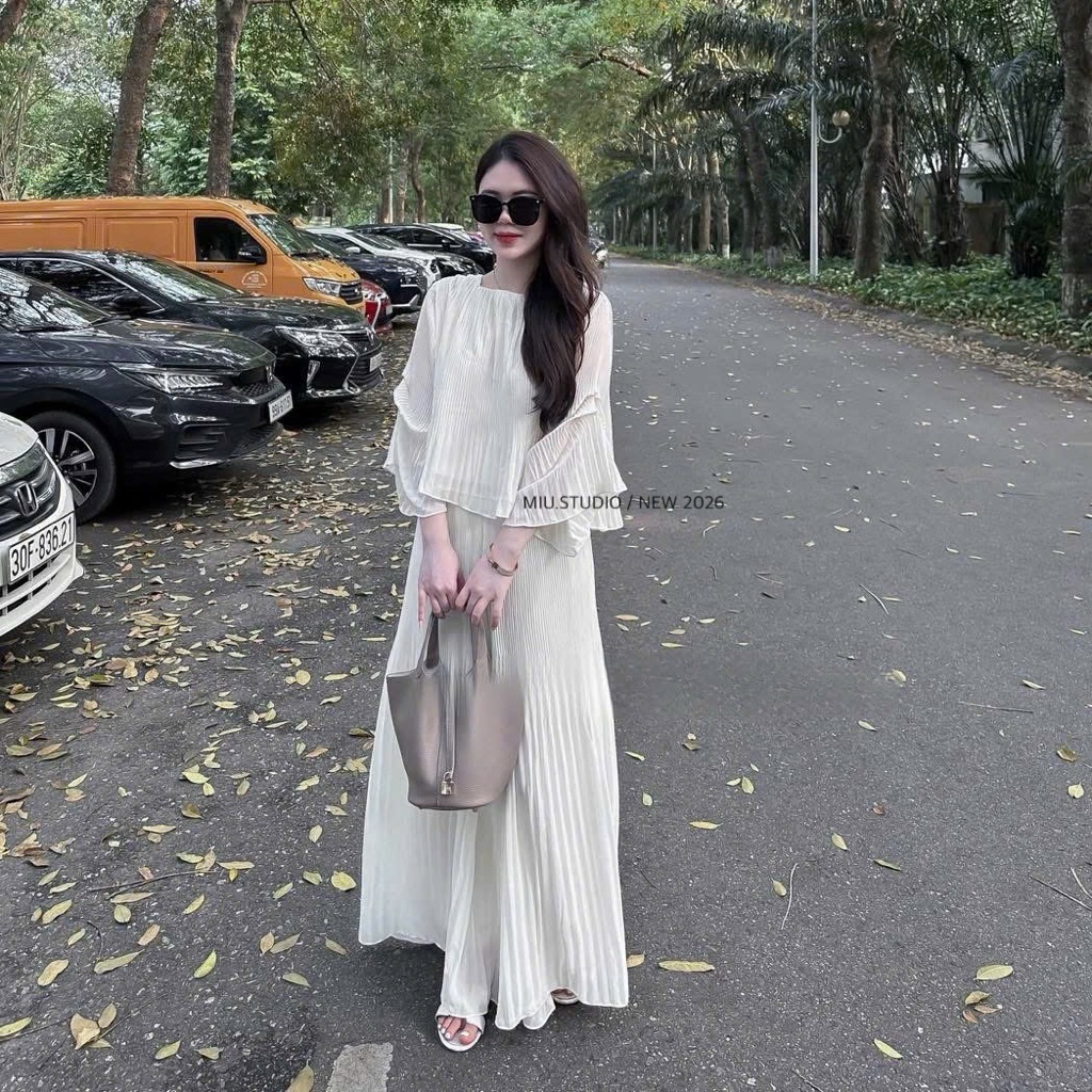 Set 2 món : Áo voan tiểu thư dài tay thiết kế dập ly phối bèo mix quần suông dáng dài nhẹ nhàng thanh lịch • MIU.STUDIO