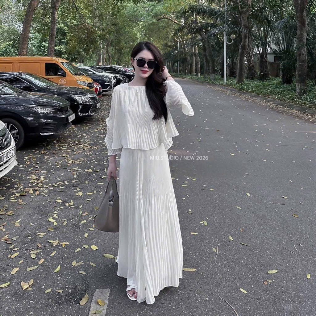 Set 2 món : Áo voan tiểu thư dài tay thiết kế dập ly phối bèo mix quần suông dáng dài nhẹ nhàng thanh lịch • MIU.STUDIO