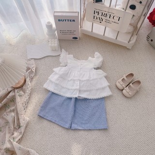 Quần áo trẻ em, Set áo thô trắng quần suông sọc xanh 9-26kg S2133 Tiểu Yến KID