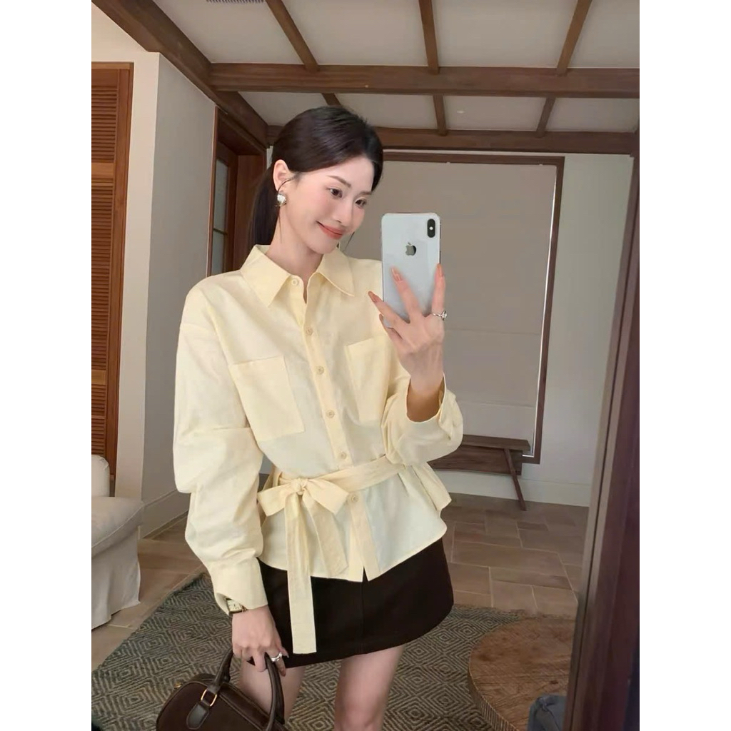 Sơ mi màu vàng pastel có kèm dây buộc Onni st