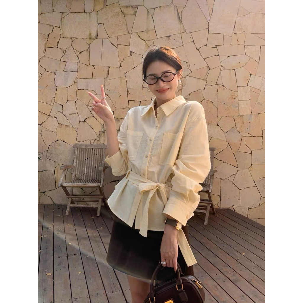 Sơ mi màu vàng pastel có kèm dây buộc Onni st