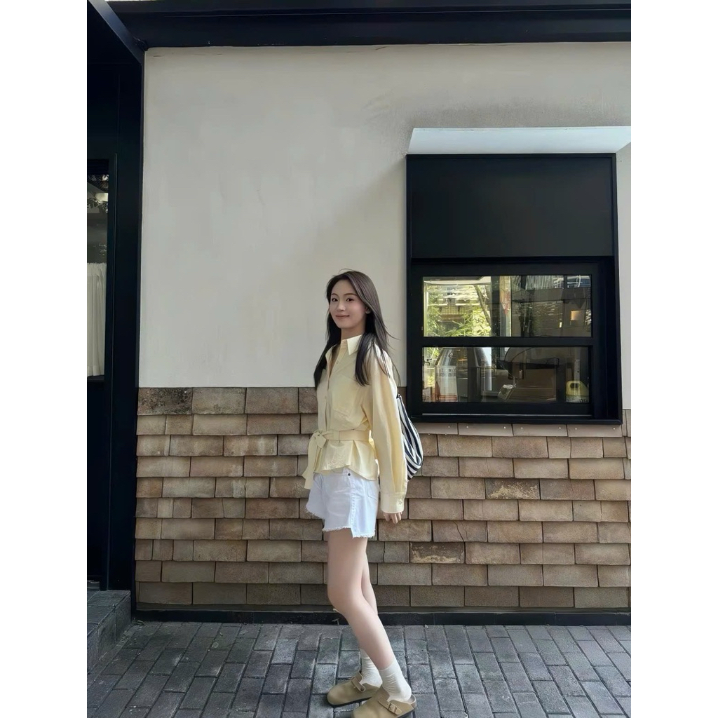 Sơ mi màu vàng pastel có kèm dây buộc Onni st