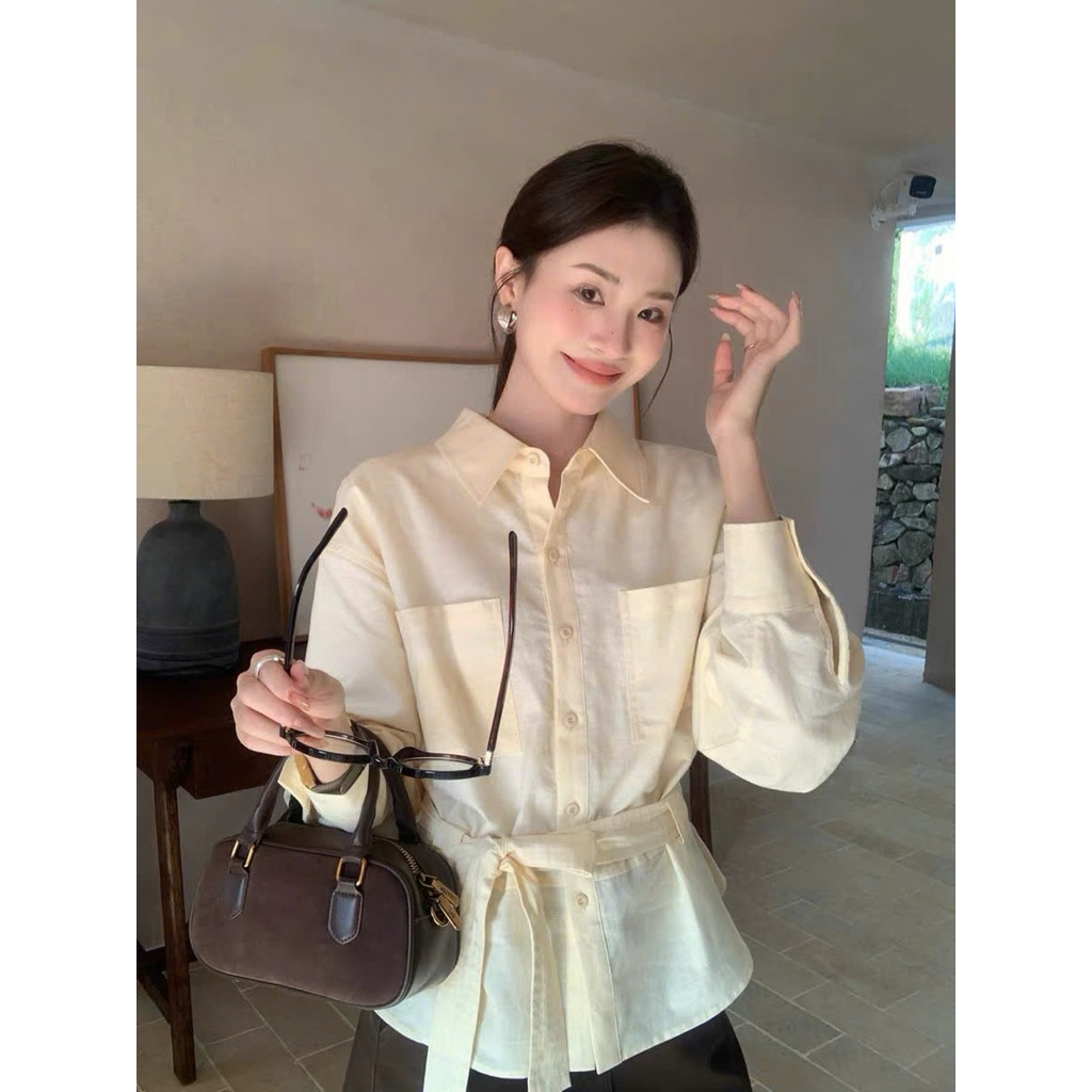 Sơ mi màu vàng pastel có kèm dây buộc Onni st
