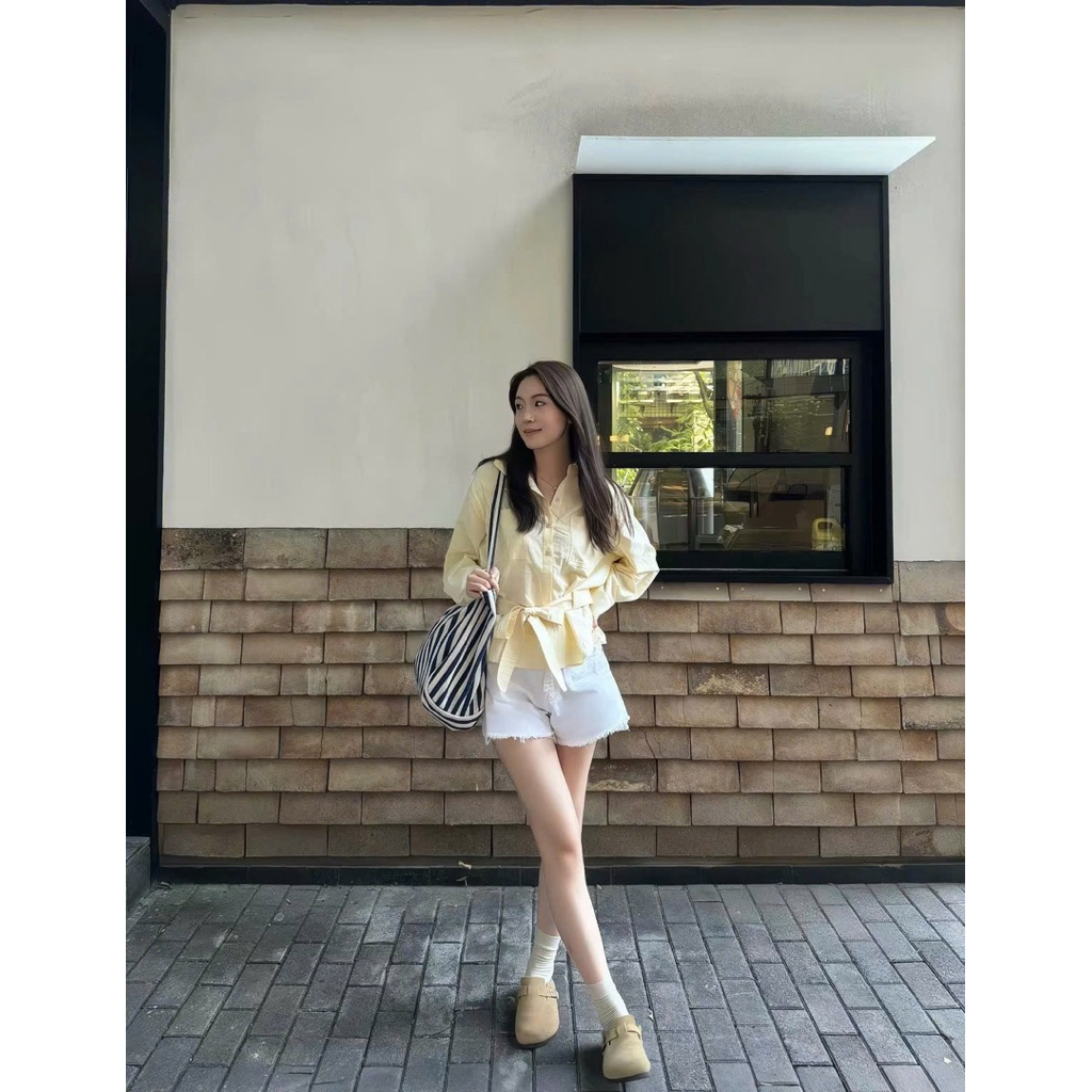 Sơ mi màu vàng pastel có kèm dây buộc Onni st