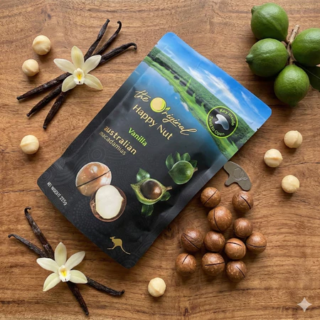 Hạt macca Úc thương hiệu Happy Nut - rang tẩm vanilla nguyên vỏ 225g