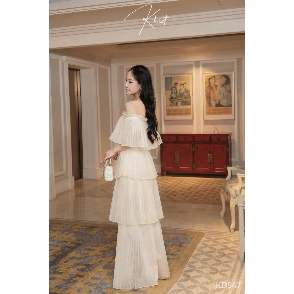 Đầm dài maxi trễ vai tơ nữ hoàng dập ly phong cách bay bổng nhẹ nhàng Khiết KD547 KD547A
