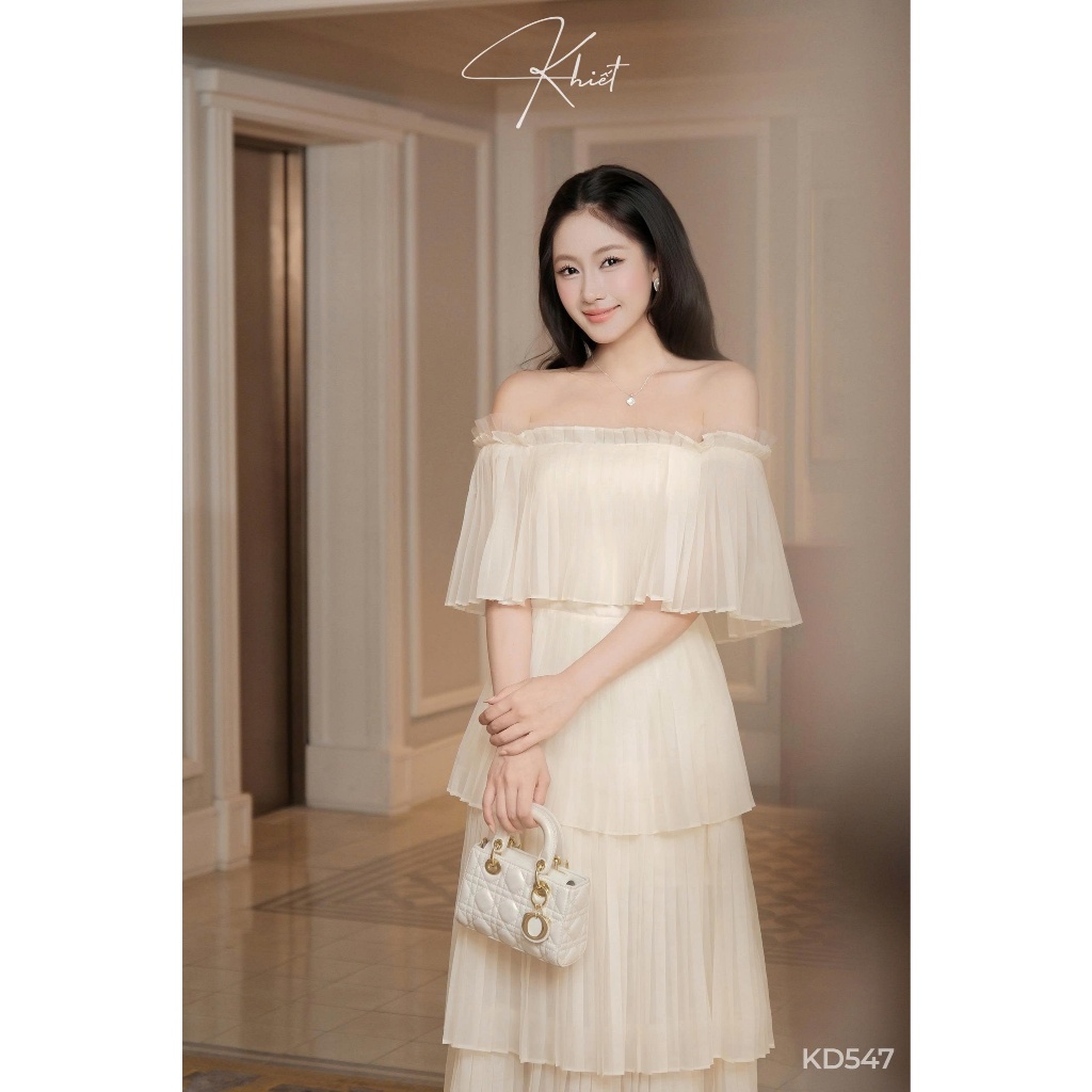 Đầm dài maxi trễ vai tơ nữ hoàng dập ly phong cách bay bổng nhẹ nhàng Khiết KD547 KD547A