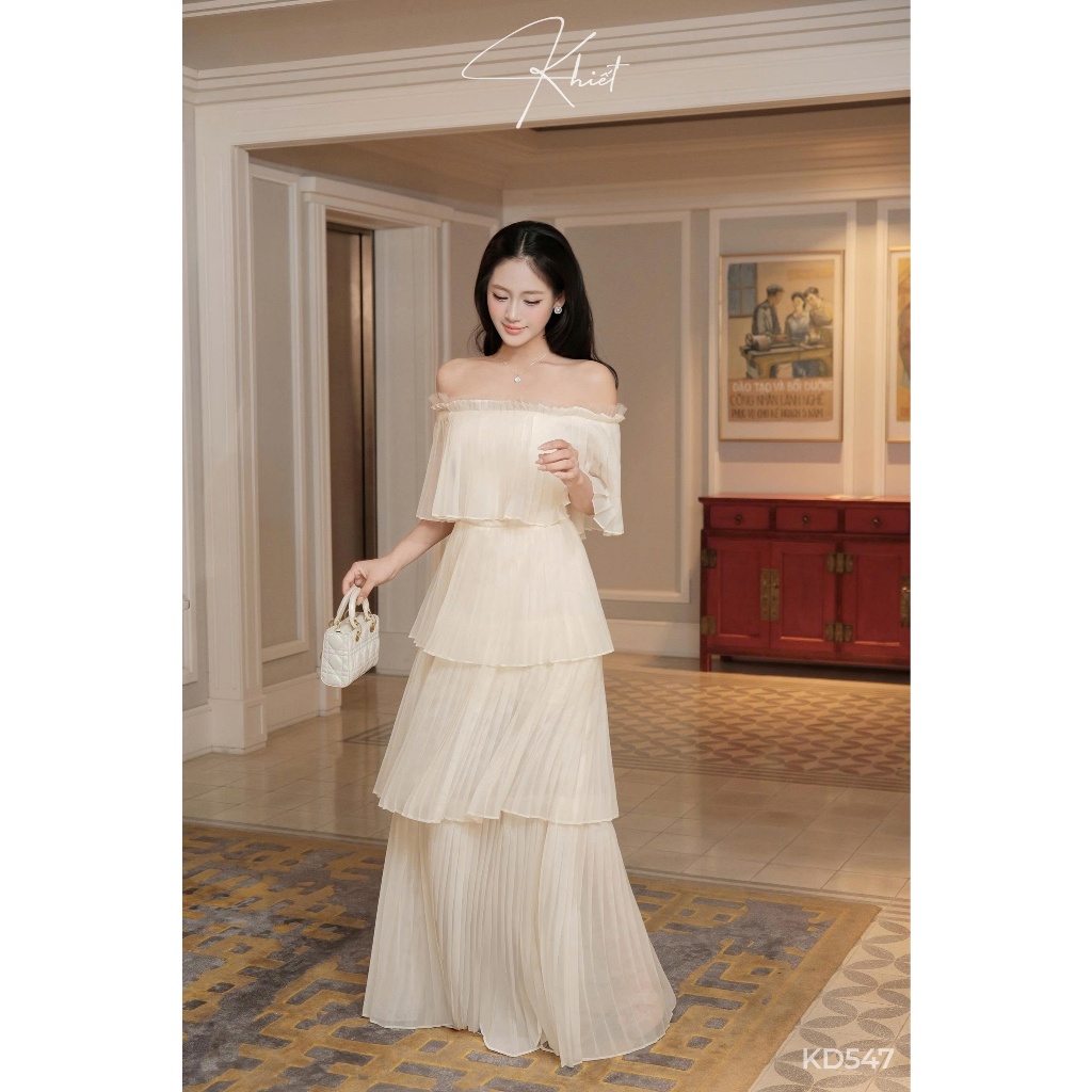 Đầm dài maxi trễ vai tơ nữ hoàng dập ly phong cách bay bổng nhẹ nhàng Khiết KD547 KD547A
