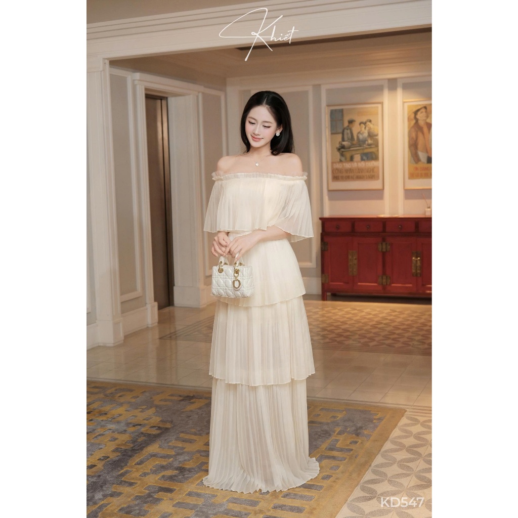 Đầm dài maxi trễ vai tơ nữ hoàng dập ly phong cách bay bổng nhẹ nhàng Khiết KD547 KD547A