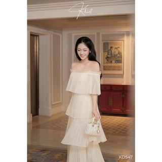 Đầm dài maxi trễ vai tơ nữ hoàng dập ly phong cách bay bổng nhẹ nhàng Khiết KD547 KD547A