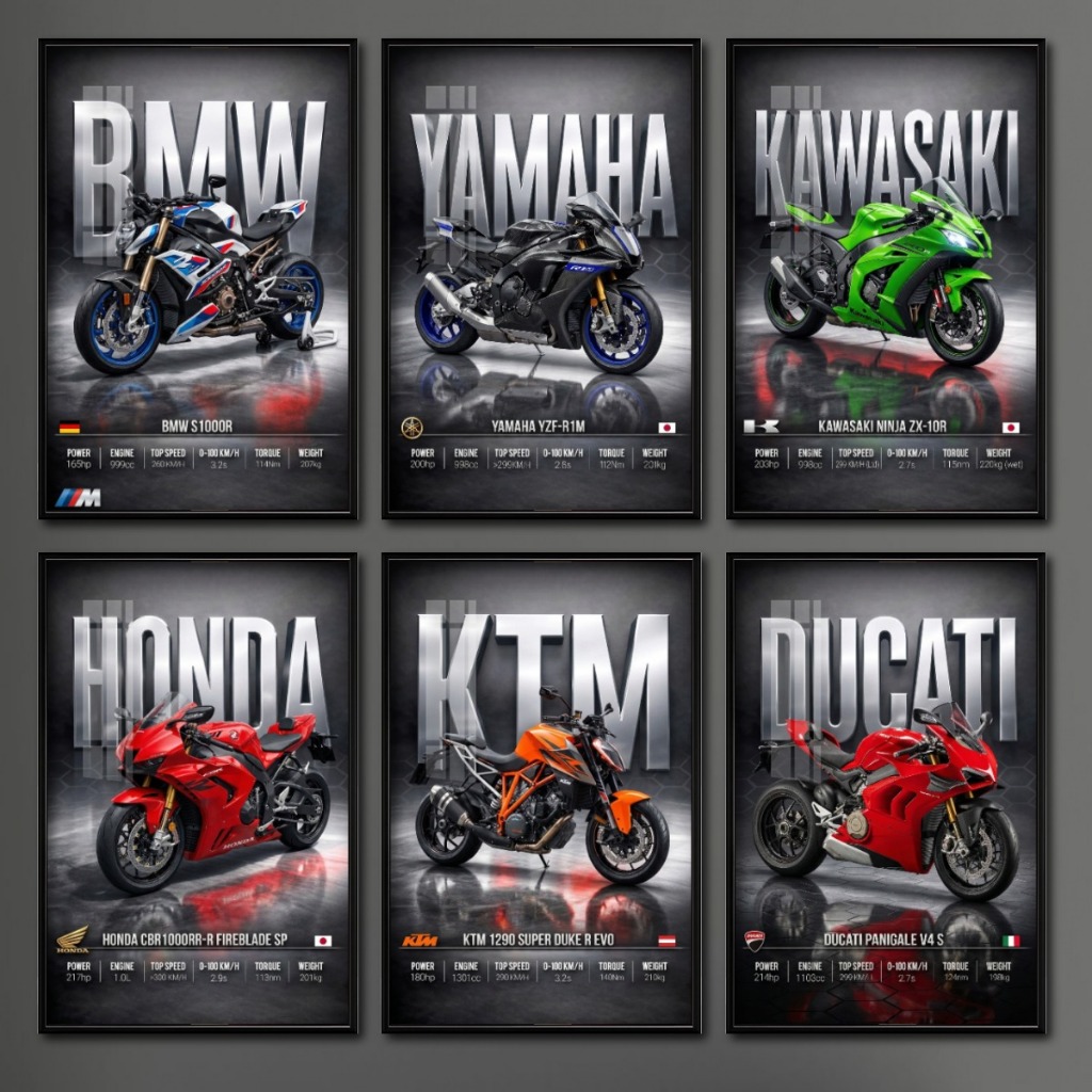 Tranh Tráng Gương Poster Siêu Xe Môtô 3D Có Khung Cao Cấp – Siêu Xe Ducati, BMW, Honda, Yamaha, Kawasaki Decor Showroom