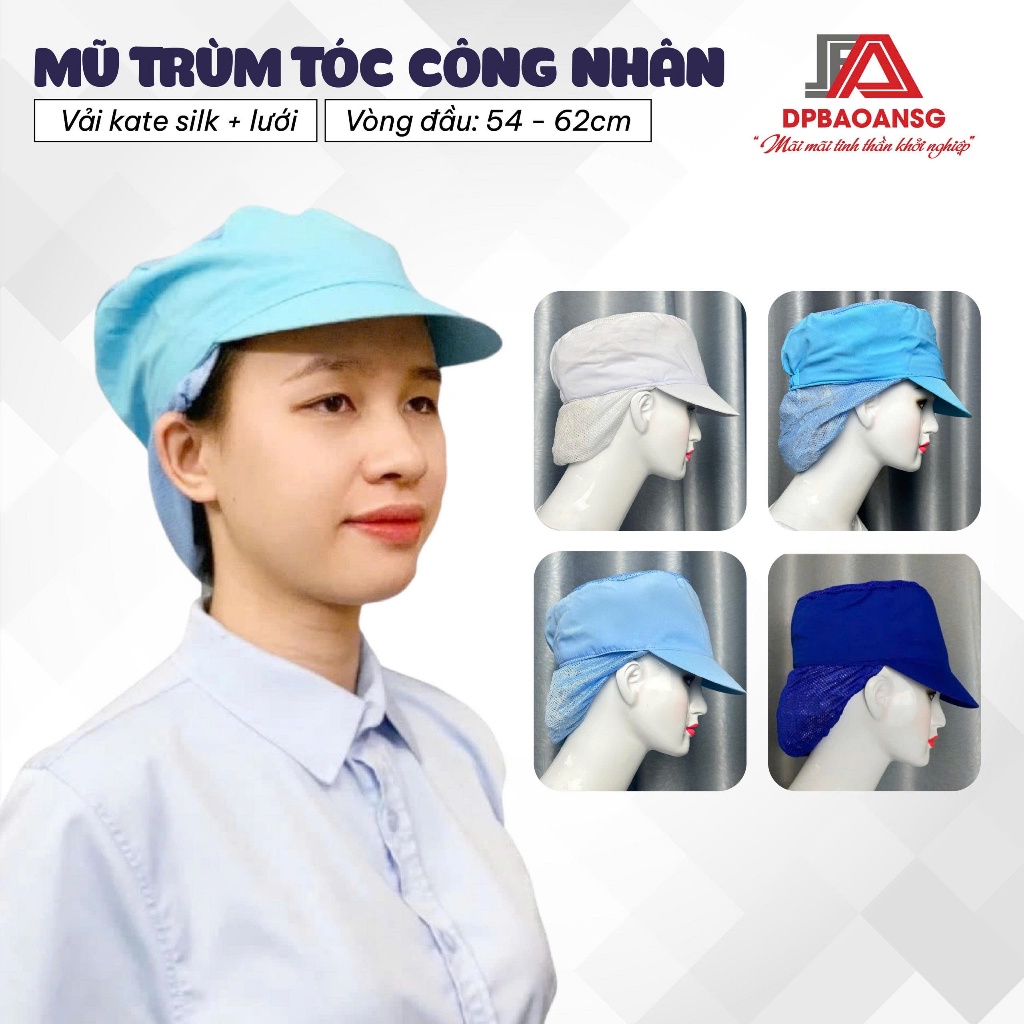 Mũ nón trùm tóc công nhân VÀNH LƯỚI DÀI  màu xanh, trắng Nón vải trùm tóc thoáng khí chống bụi