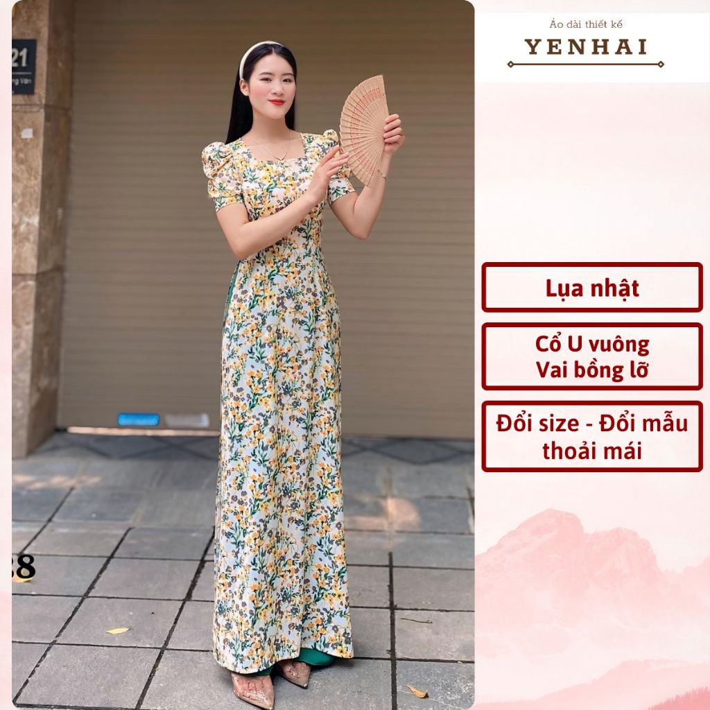 Áo dài truyền thống in hoa nhí vàng thiết kế cổ U vai bồng trẻ trung chất lụa nhật co giãn- D1928