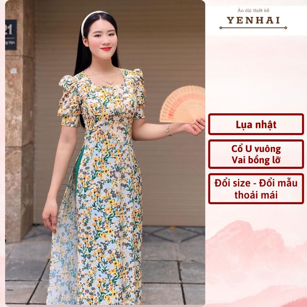 Áo dài truyền thống in hoa nhí vàng thiết kế cổ U vai bồng trẻ trung chất lụa nhật co giãn- D1928