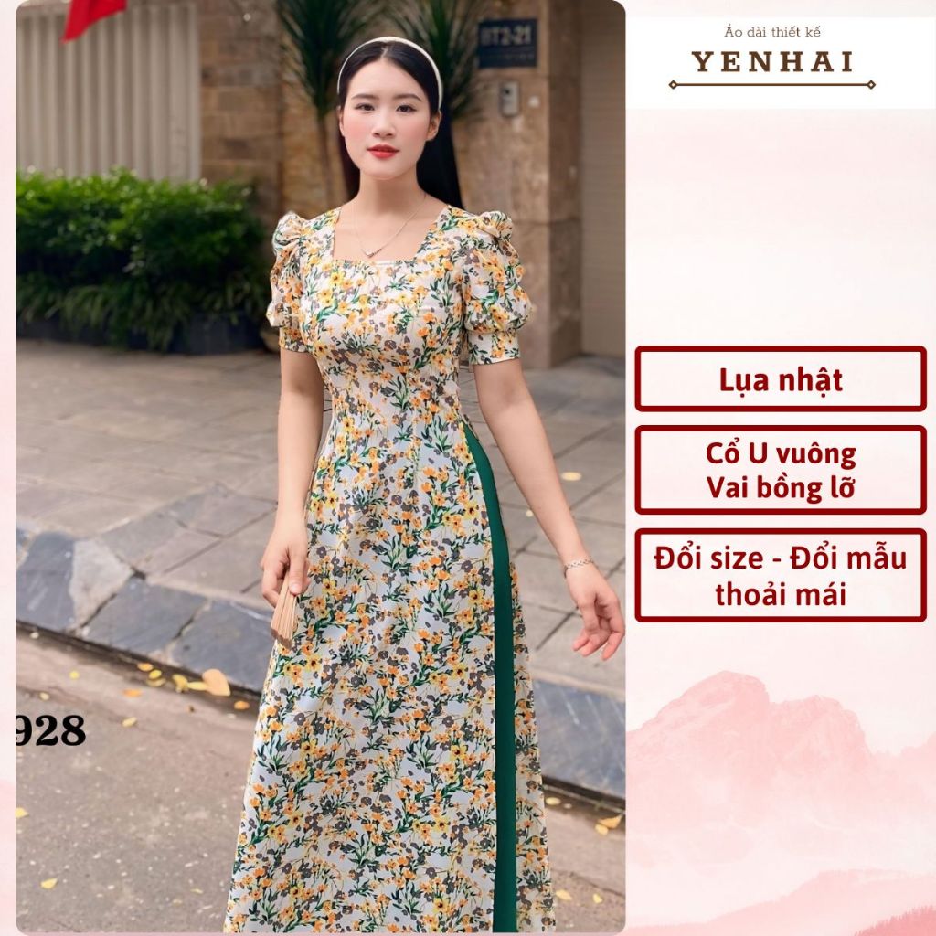 Áo dài truyền thống in hoa nhí vàng thiết kế cổ U vai bồng trẻ trung chất lụa nhật co giãn- D1928