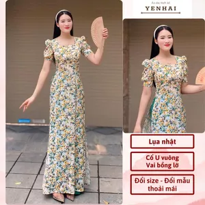 Áo dài truyền thống in hoa nhí vàng thiết kế cổ U vai bồng trẻ trung chất lụa nhật co giãn- D1928