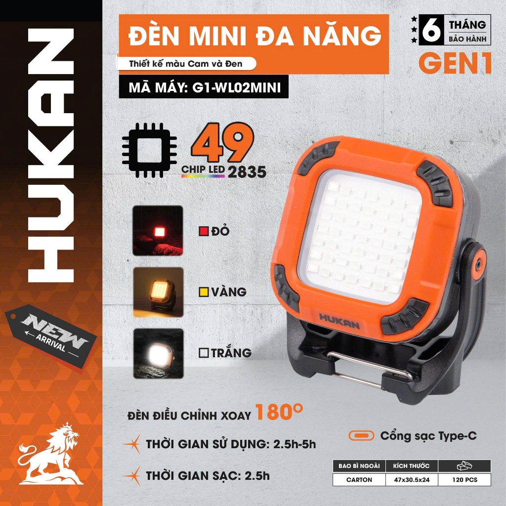 Đèn Chiếu Sáng Tích Điện HUKAN G1-WL02MINI | 49 LED 2835, Sạc Type-C, Đèn Mini Cầm Tay 3 Chế Độ Sáng, Trắng, Vàng Đỏ