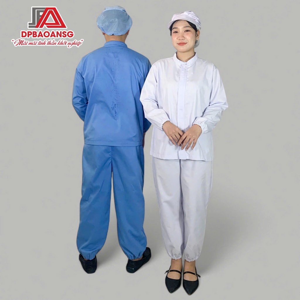 Bộ Phòng Sạch Kèm Mũ Cho Nam Nữ Công Nhân, Kỹ Thuật Viên - Vải Kate Silk Màu Xanh, Trắng