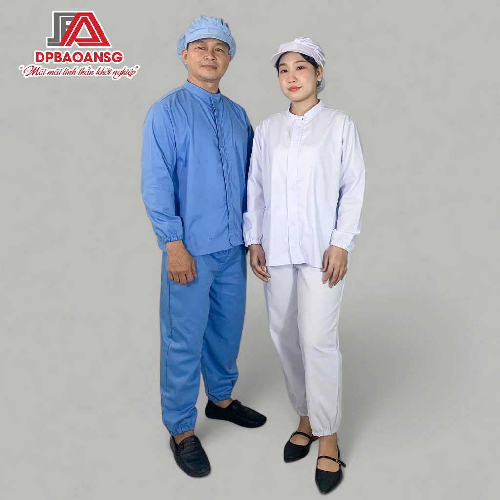 Bộ Phòng Sạch Kèm Mũ Cho Nam Nữ Công Nhân, Kỹ Thuật Viên - Vải Kate Silk Màu Xanh, Trắng