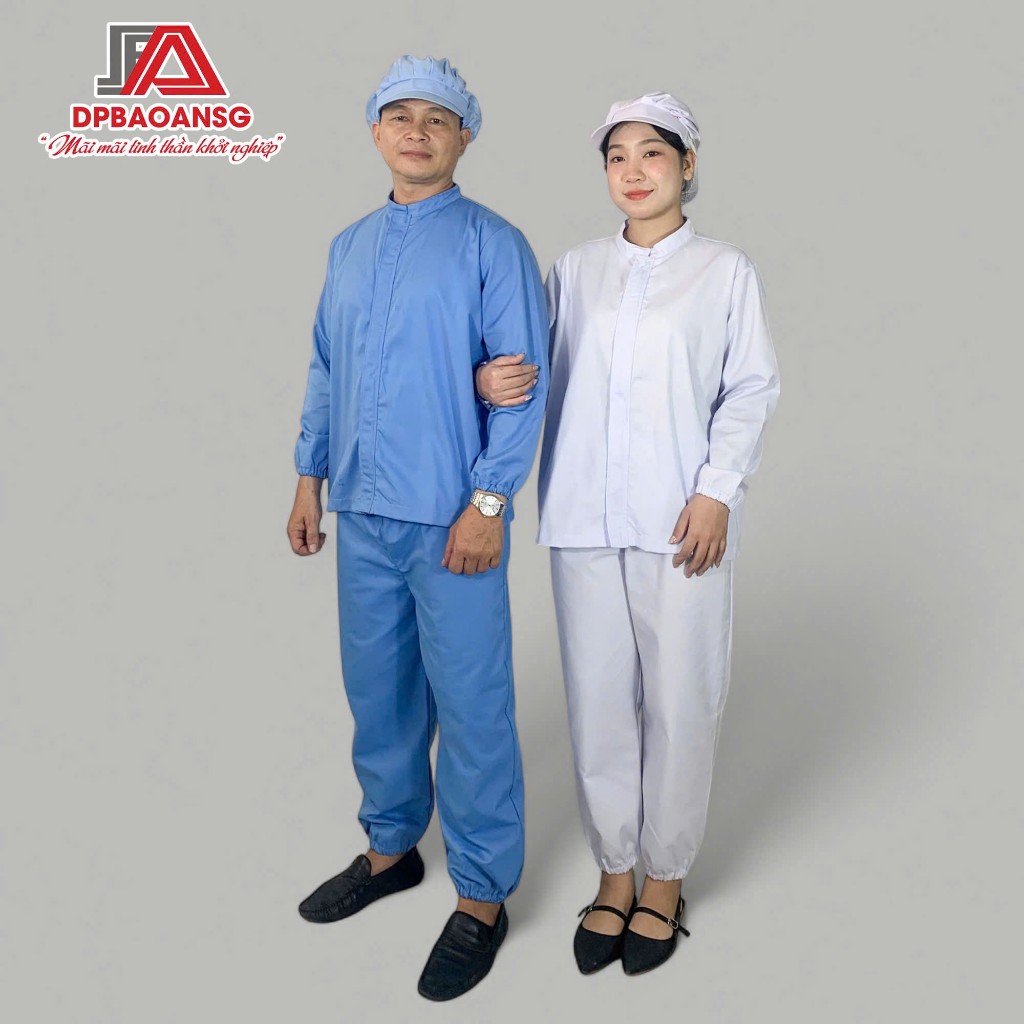Bộ Phòng Sạch Kèm Mũ Cho Nam Nữ Công Nhân, Kỹ Thuật Viên - Vải Kate Silk Màu Xanh, Trắng