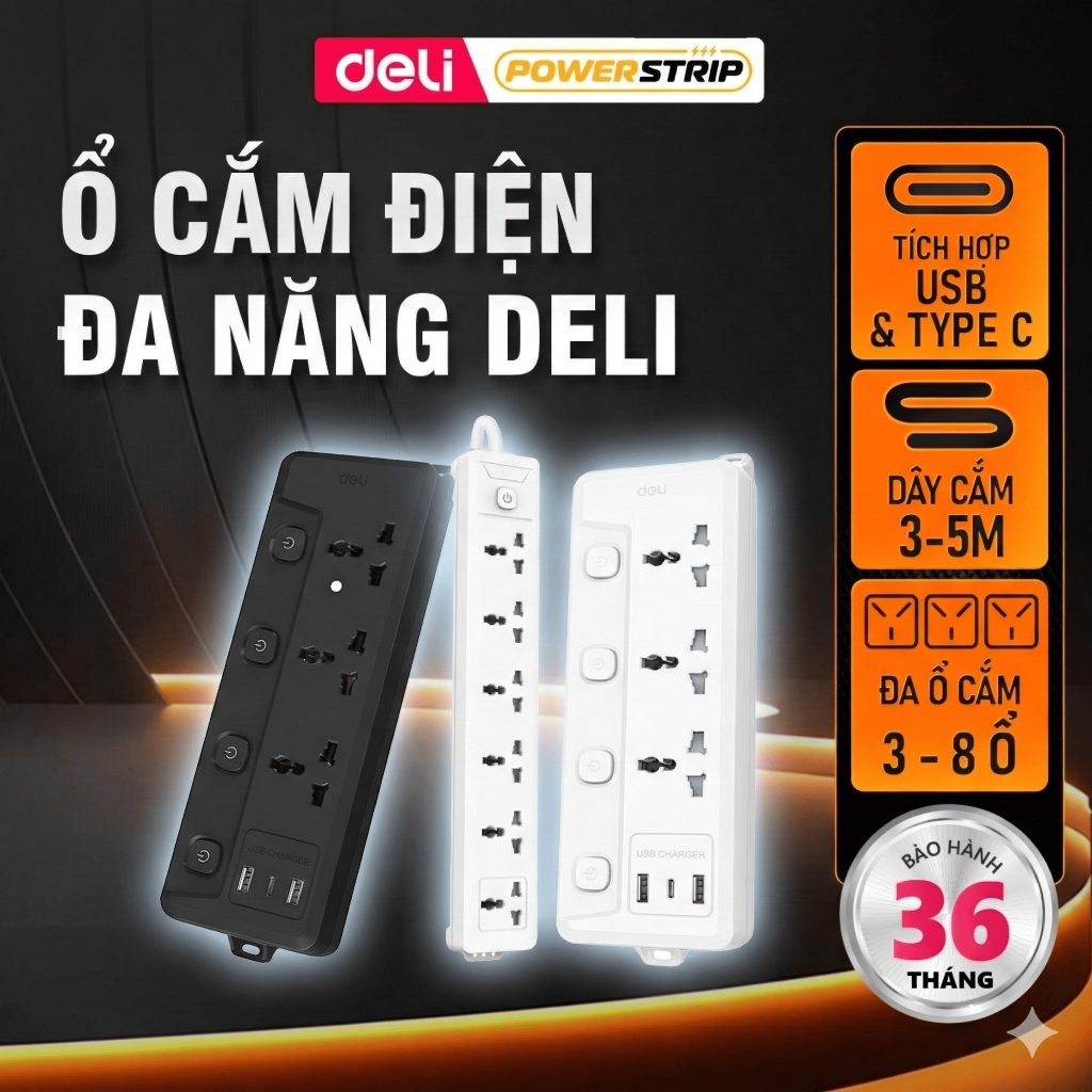[HOẢ TỐC] Ổ Cắm Điện Deli Mới 2026, Ổ Cắm Điện Đa Năng Nhiễu Lỗ Cắm Kết Hợp Cổng USB/ TypeC Sạc Nhanh Màu Đen