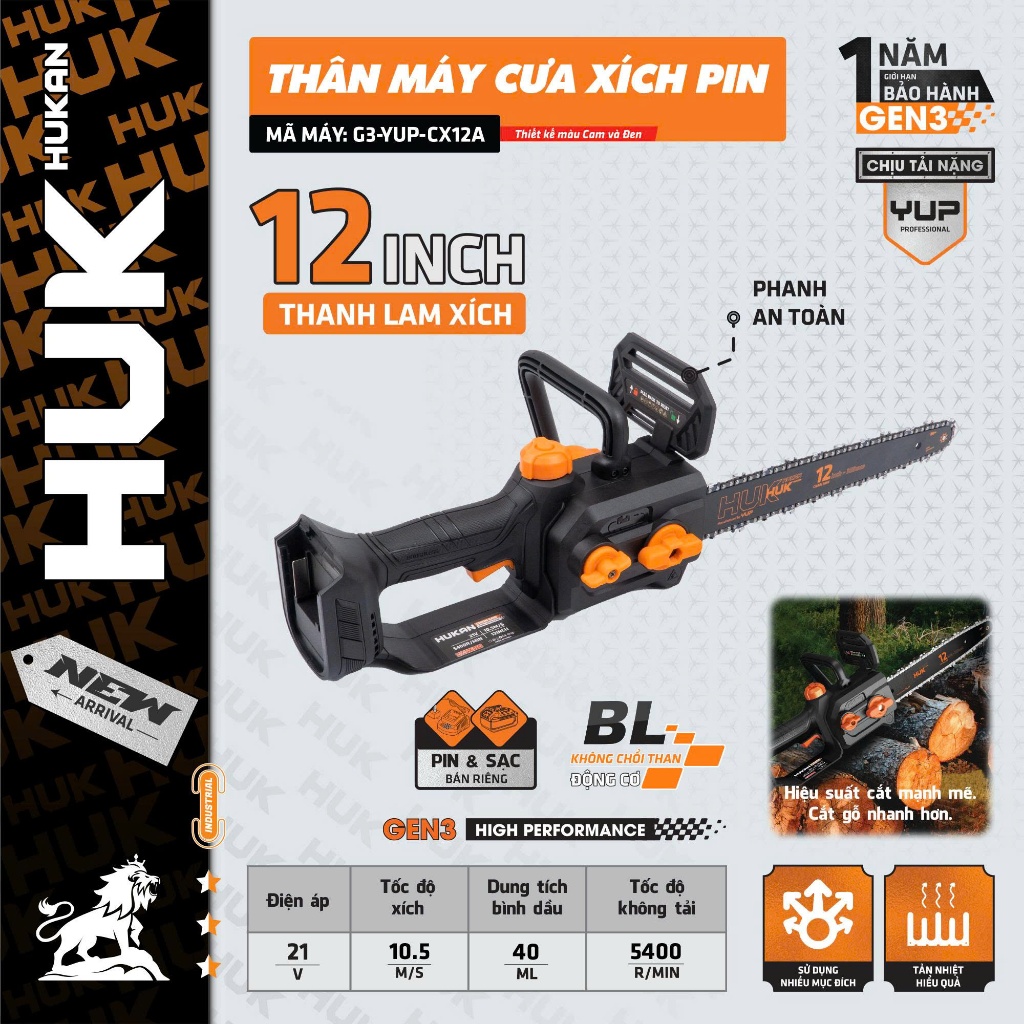 Thân Máy Cưa Xích Pin 12 Inch HUKAN Gen3 G3-YUP-CX12A 21V Không Chổi Than Cưa Cành Cưa Gỗ Mini Cầm Tay
