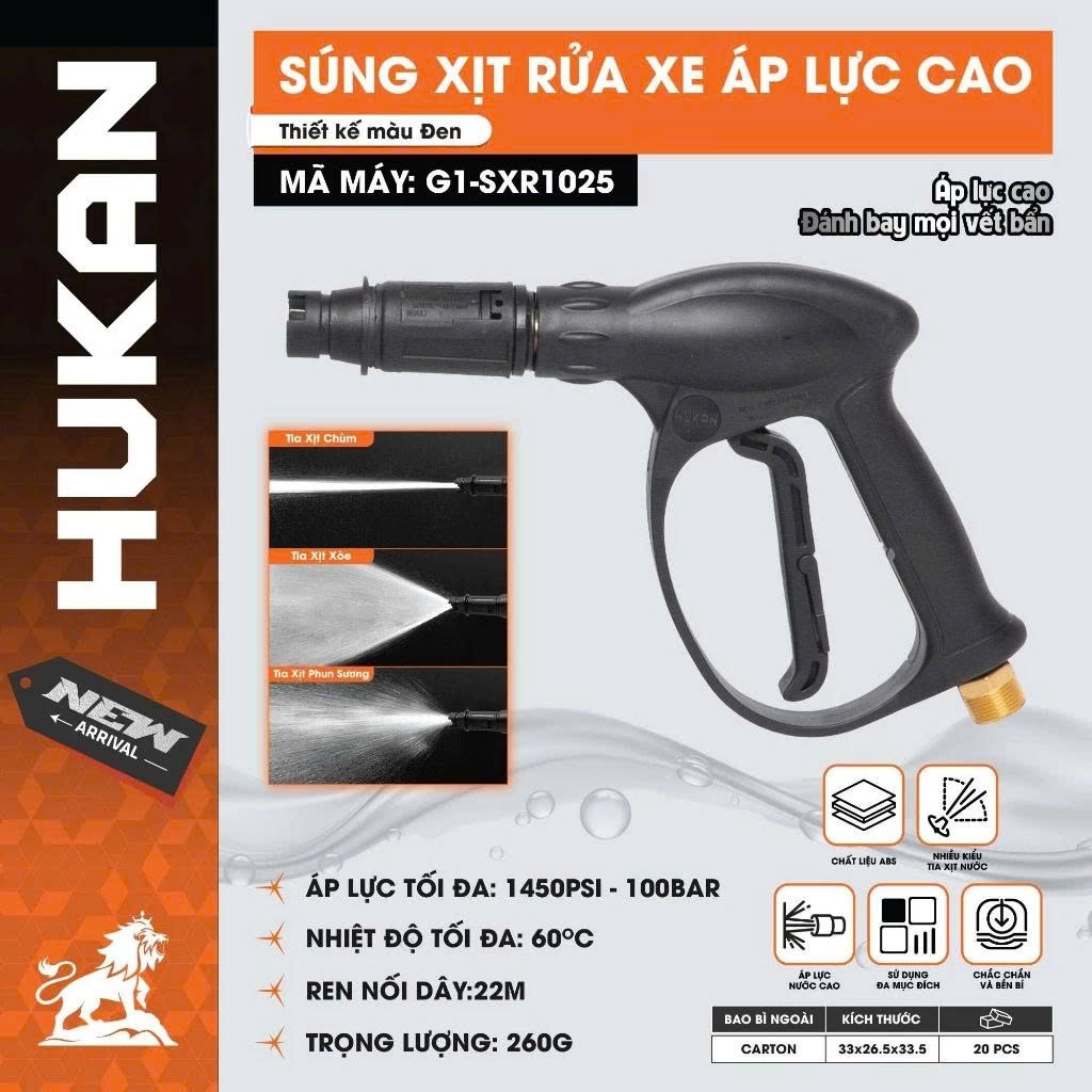 Súng xịt rửa xe áp lực cao HUKAN G1-SXR1025, Ren nối 22M, Áp lực tối đa 1450PSI, Tủy chỉnh tia nước