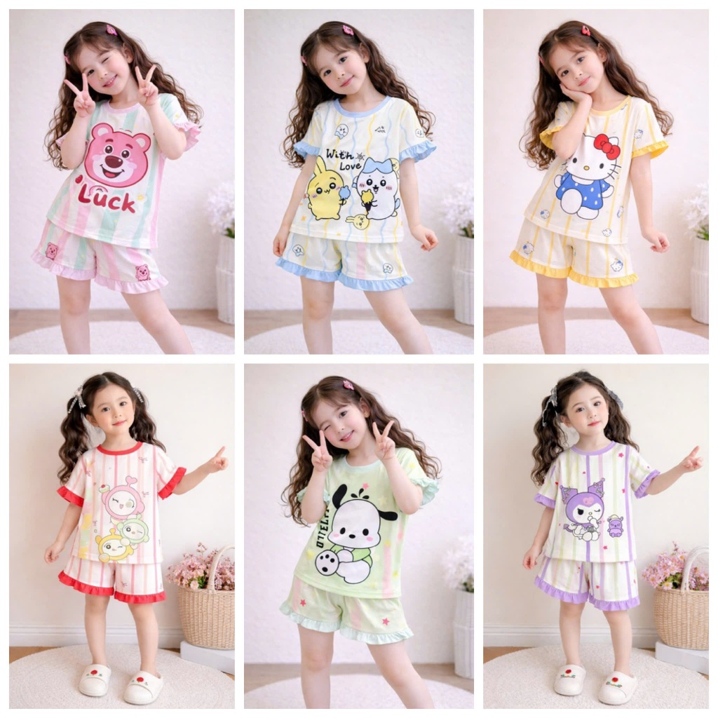 [Minkoj] Bộ ngắn tay nhún bèo 169dx in hoạ tiết phối sọc dễ thương từ 6-28kg chất thun lạnh 3D Minkoj baby mềm mịn thoán