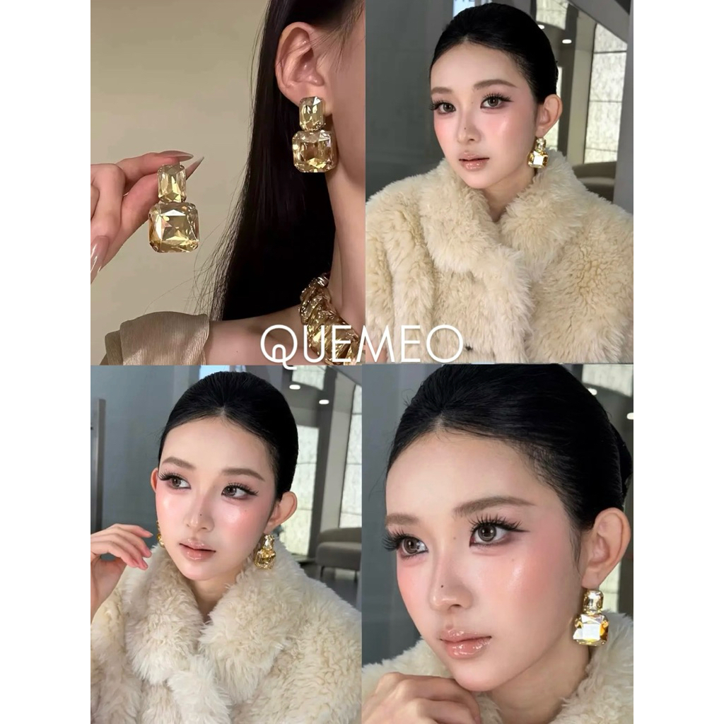 Bông Tai Sang Trọng Thiết Kế Đá SâmPanh Vuông Siêu Sáng Bóng Thời Thượng