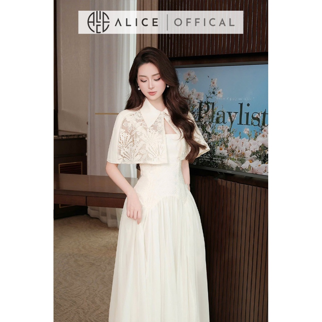 Set Váy Nữ Tiểu Thư Alice Cao Cấp, Đầm 2 Dây Dáng Maxi Xòe Bồng Phối Áo Choàng Ren Tiểu Thư T439-SX