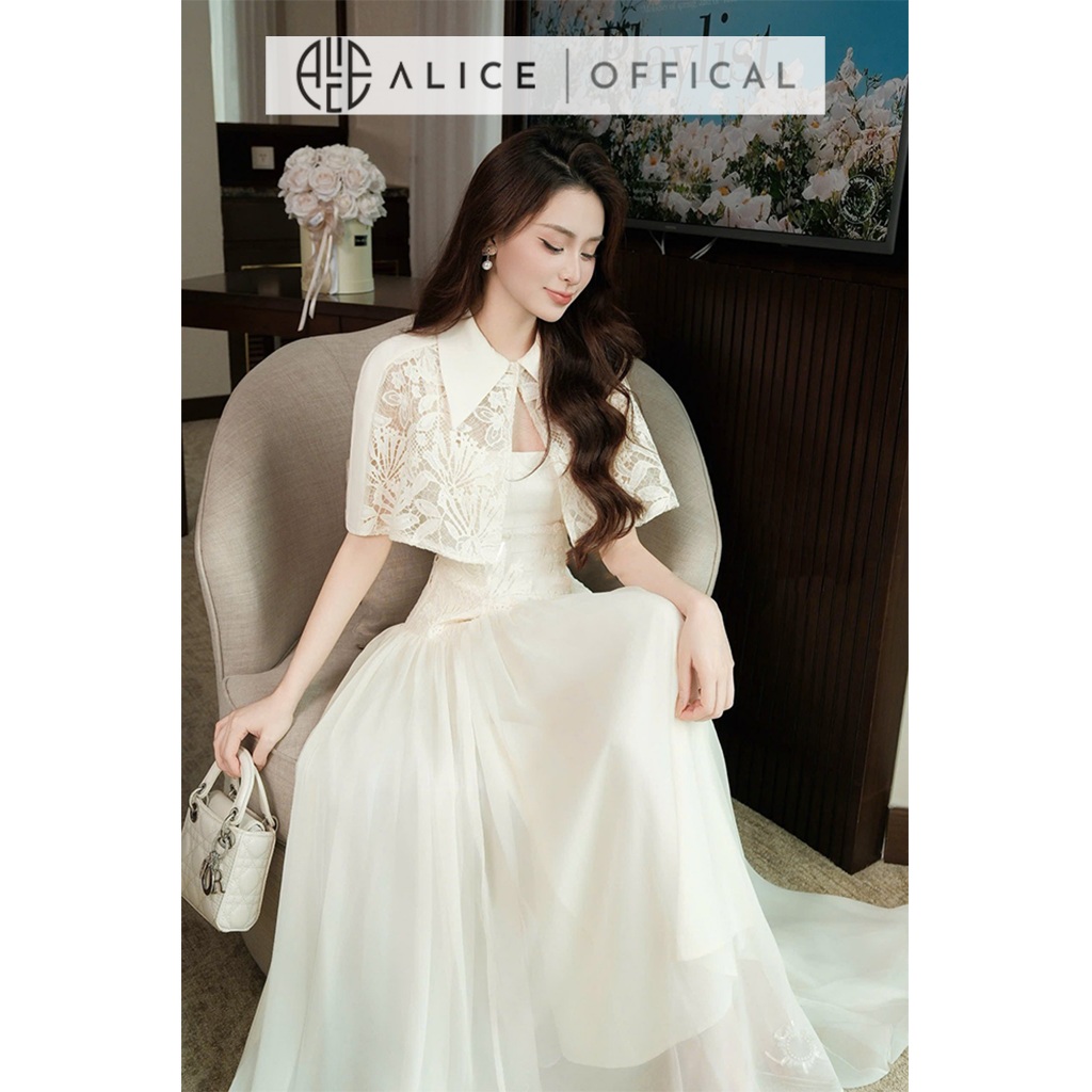 Set Váy Nữ Tiểu Thư Alice Cao Cấp, Đầm 2 Dây Dáng Maxi Xòe Bồng Phối Áo Choàng Ren Tiểu Thư T439-SX