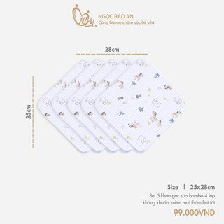 M&B (25x25cm) Khăn gạc sữa sợi tre in hình 4 lớp siêu mềm mịn dành cho bé trai, bé gái 5 cái - Set 5 khăn đa năng cho bé