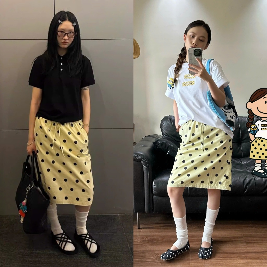 Chân váy dài qua gối chấm bi màu vàng be dáng đứng cạp chun phong cách ulzzang CV024 - Tiktik