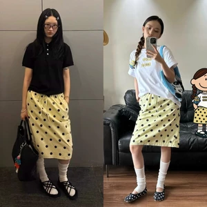 Chân váy dài qua gối chấm bi màu vàng be dáng đứng cạp chun phong cách ulzzang CV024 - Tiktik