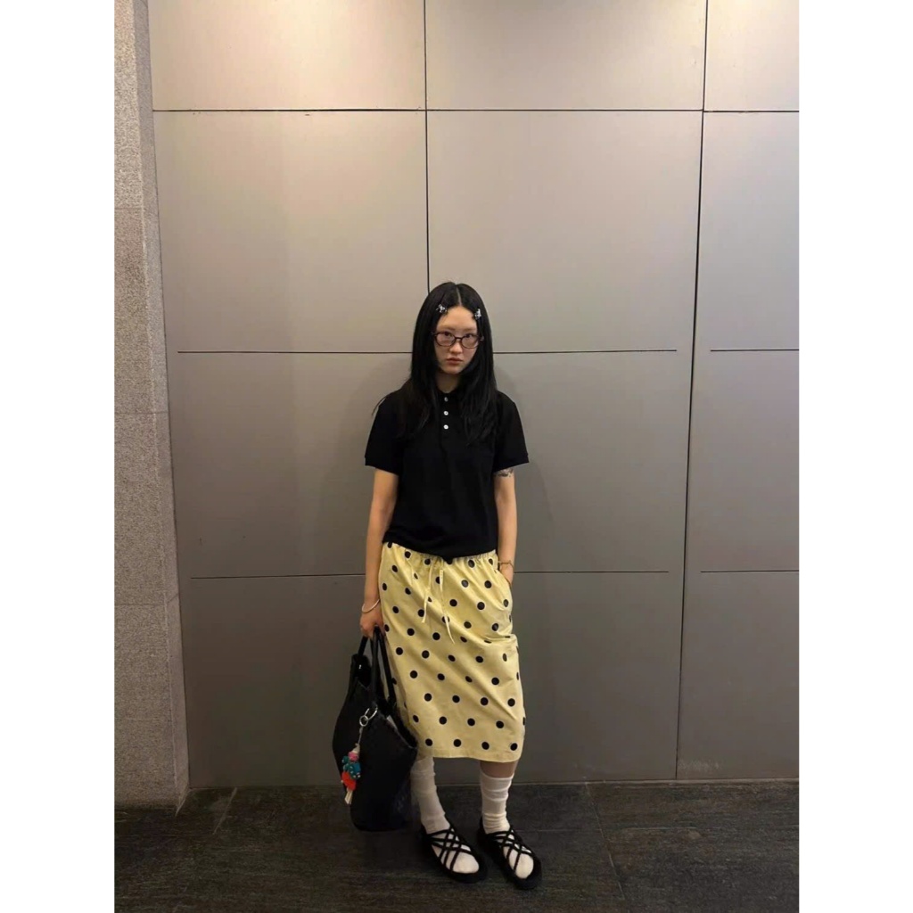 Chân váy dài qua gối chấm bi màu vàng be dáng đứng cạp chun phong cách ulzzang CV024 - Tiktik