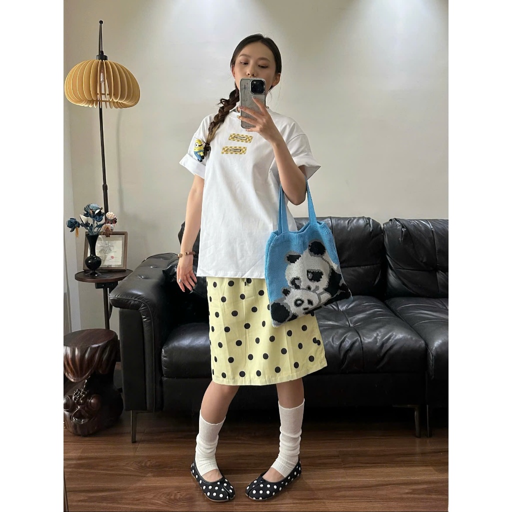 Chân váy dài qua gối chấm bi màu vàng be dáng đứng cạp chun phong cách ulzzang CV024 - Tiktik