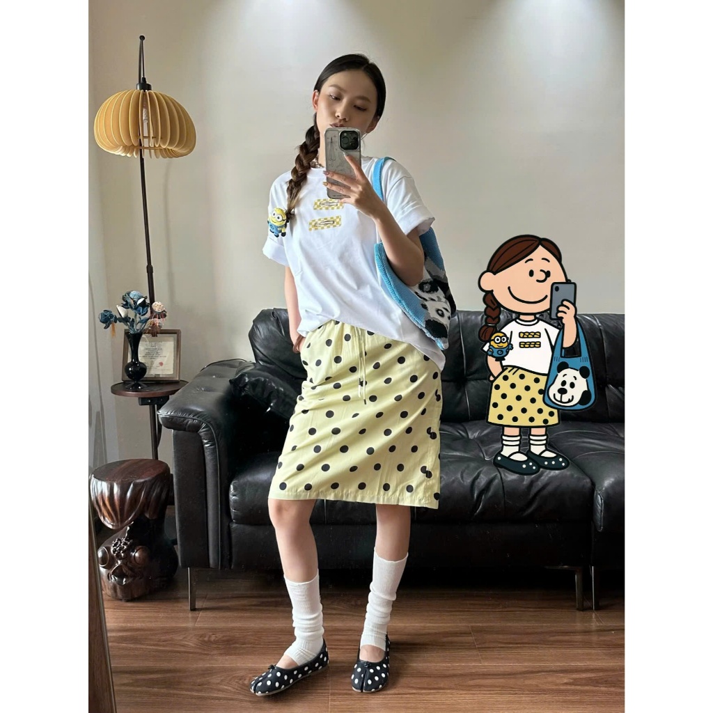 Chân váy dài qua gối chấm bi màu vàng be dáng đứng cạp chun phong cách ulzzang CV024 - Tiktik