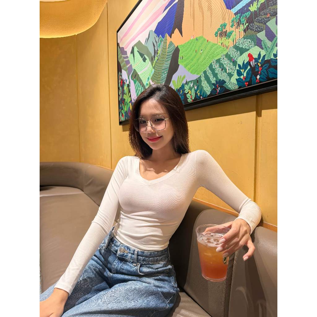 Áo thun cổ tim dài tay Casual Day, chất liệu cotton không pha nilon thoáng khí, ôm body, co dãn thoải mái - DT2
