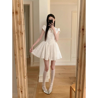 Váy ngắn trắng tay bồng dáng xoè in hoạ tiết phong cách tiểu thư