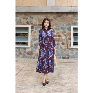 SWANLAKE | Váy Đầm Sơ Mi Nữ Maxi Xòe Cài Nút Tay Lỡ Vải Tơ Đũi In Hoa Dây Thắt Eo Công Sở D13573