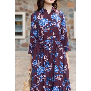 SWANLAKE | Váy Đầm Sơ Mi Nữ Maxi Xòe Cài Nút Tay Lỡ Vải Tơ Đũi In Hoa Dây Thắt Eo Công Sở D13573