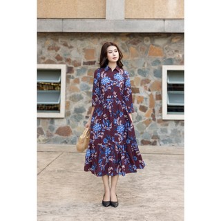 SWANLAKE | Váy Đầm Sơ Mi Nữ Maxi Xòe Cài Nút Tay Lỡ Vải Tơ Đũi In Hoa Dây Thắt Eo Công Sở D13573